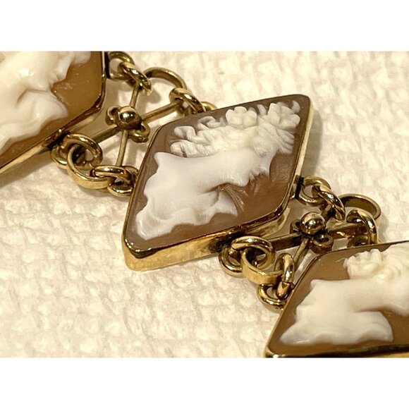 14K Gold Carved Shell Cameo Bracelet 6" With Geometric Diamond Design - Picture 14 of 16